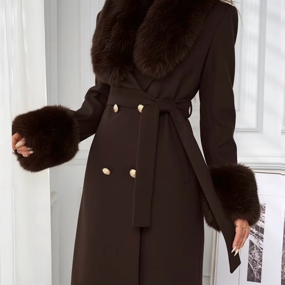 Source Unknown Dark Brown Fur-Trimmed Trench Coat - Picture 4 of 7